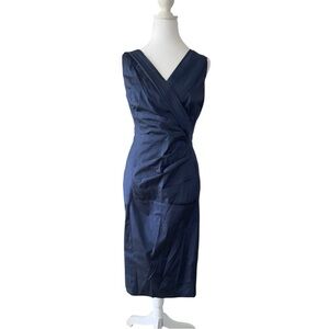 TALBOT RUNHOF Deep Blue Midi Sheath Dress with V-neck Sleeveless MSRP 1,295.00